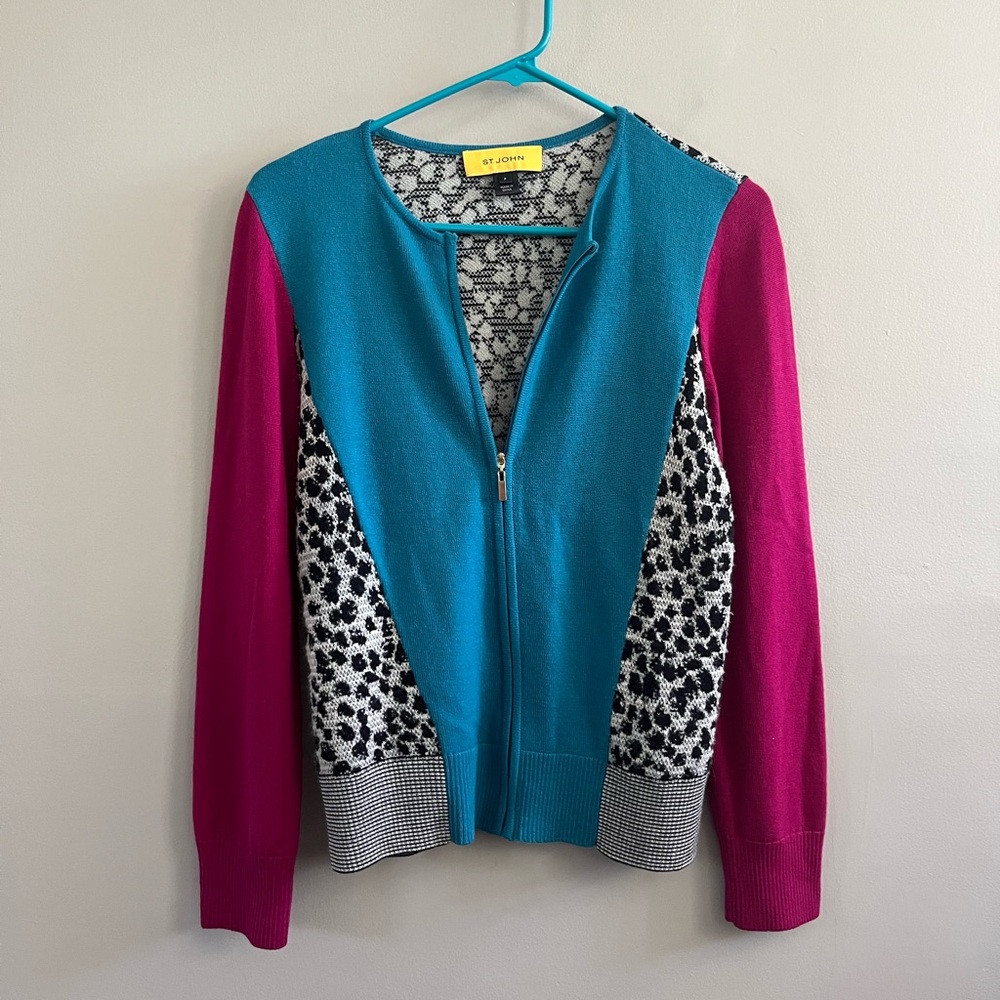 St John Zip Up Cardigan Sweater - Color Block Animal Print - Size P